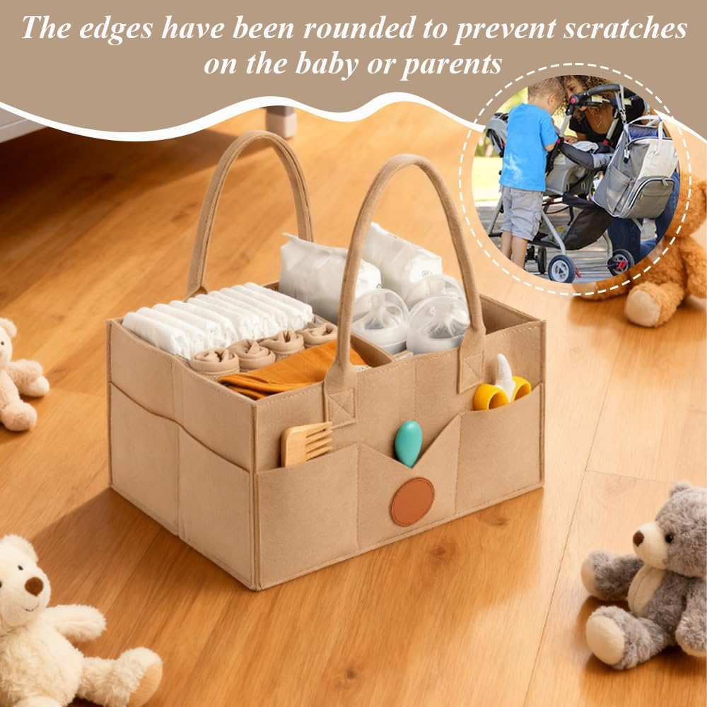 Diaper Caddy Organizer, with Handle and Multiple Compartments, Portable Diaper Tote Bag, Nappy Caddy Storage Basket, Large Travel Car Caddy, Khaki image number 3