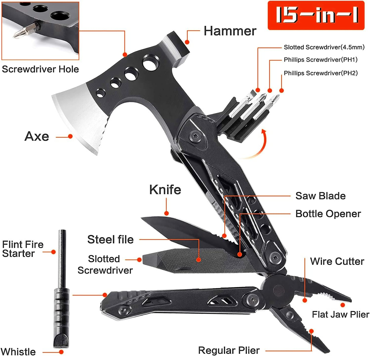 Gifts for Men Dad Husband, Camping Multitool, All in One Survival Tools with Knife Hammer Saw Screwdrivers Pliers Bottle Opener Durable Sheath, Christmas Birthday Fathers Day for Him Boyfriend image number 4