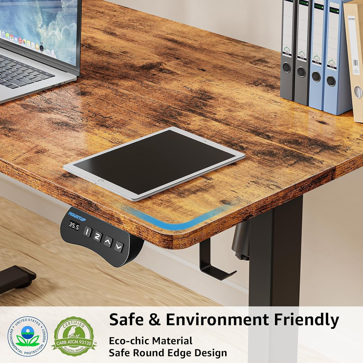 MOUNTUP Electric Standing Desk 120X60Cm (48X24) Height Adjustable, Sit Stand Desk with Memory Controller, Ergonomic Stand up Desk for Home Office with Splice Board, Rustic Brown - Rustic Brown image number 4