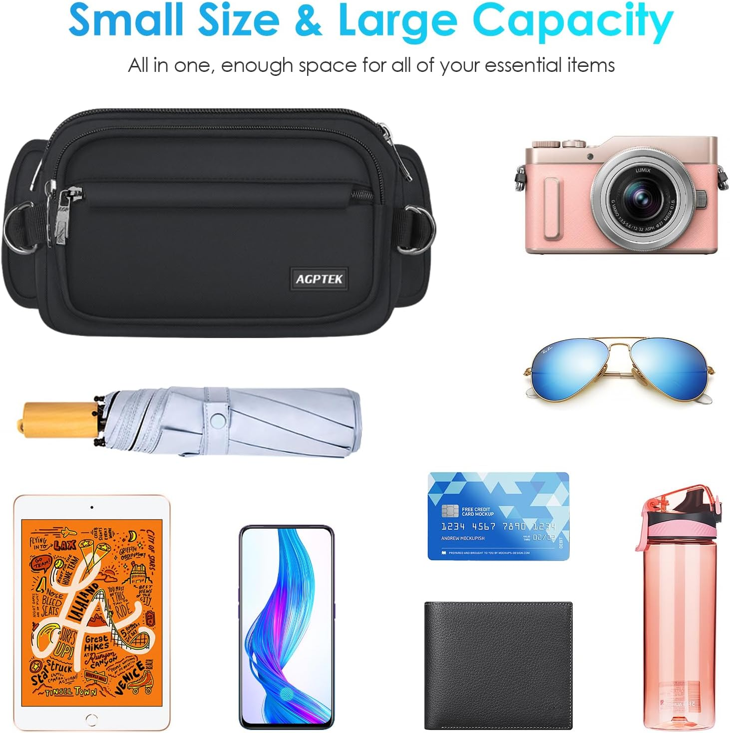 AGPTEK Fanny Pack for Women Men, RFID Large Capacity Waist Wallet Bag, Adjustable & Waterproof Bum Belt Pouch for Travel, Running, Shopping, Hiking, Dog Walking, Cycling, Climbing (Black) image number 6