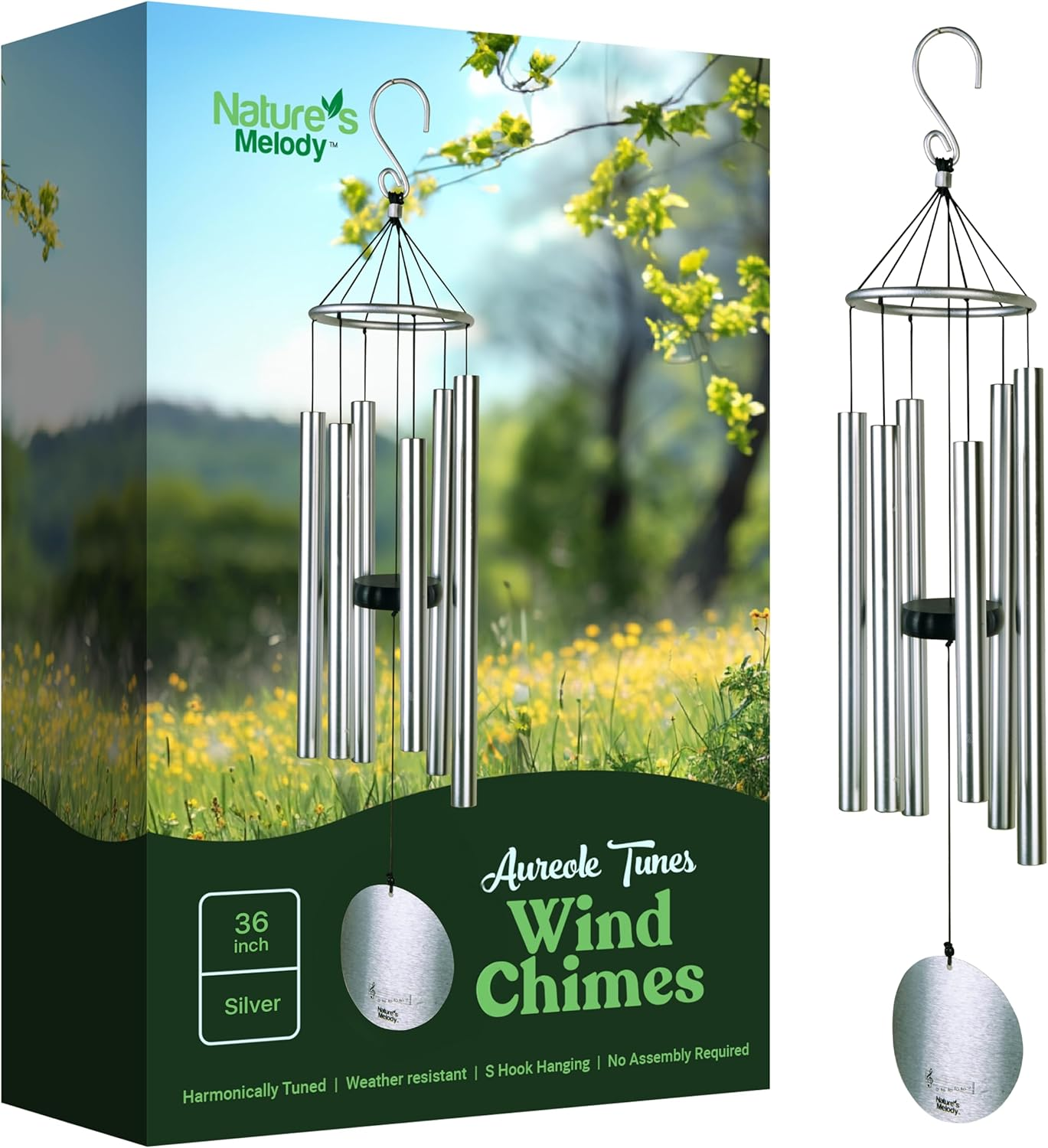 Nature&rsquo;S Melody Aureole Tunes Wind Chimes &ndash; Outdoor Windchime with 6 Tubes Tuned to E Pentatonic Scale, 100% Rustproof Aluminum, Powder Finish & S Hook Hanger for Sympathy, Memorial Gift or Zen Garden