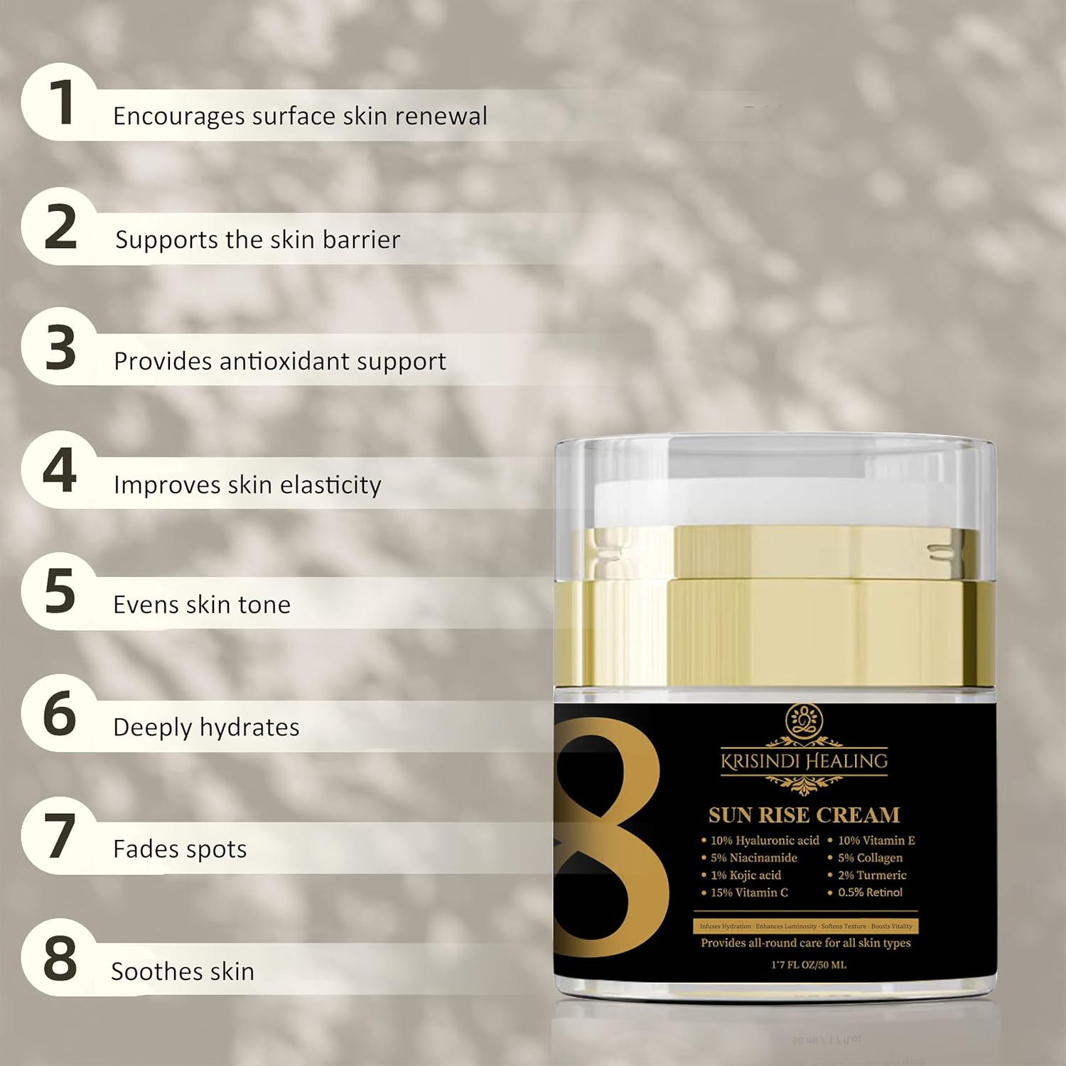 Sunrise 8 Cream by Krisindi Healing &ndash; 50Ml Daily Radiance Complex Moisturiser | Vitamin C &bull; Retinol &bull; Collagen &bull; Hyaluronic Acid &bull; Kojic Acid &bull; Niacinamide &bull; Vitamin E &bull; Turmeric image number 2