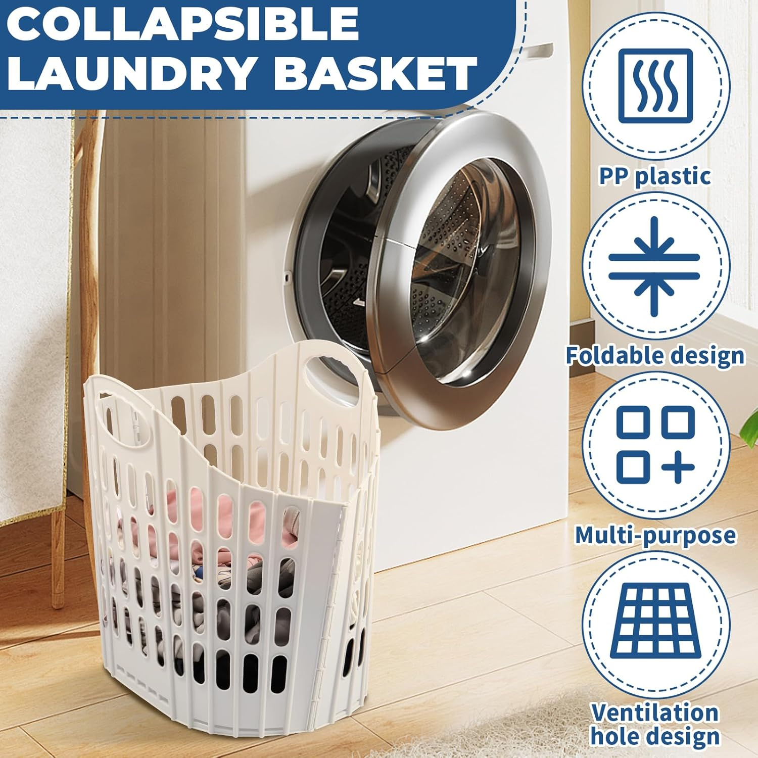 Djapwpx-Collapsible Laundry Basket with Carry Handle, Space Saving Foldable Laundry Basket, Plastic Collapsible Laundry Hamper, Multipurpose Collapsible Laundry Caddy for Easy Storage (Beige) image number 6