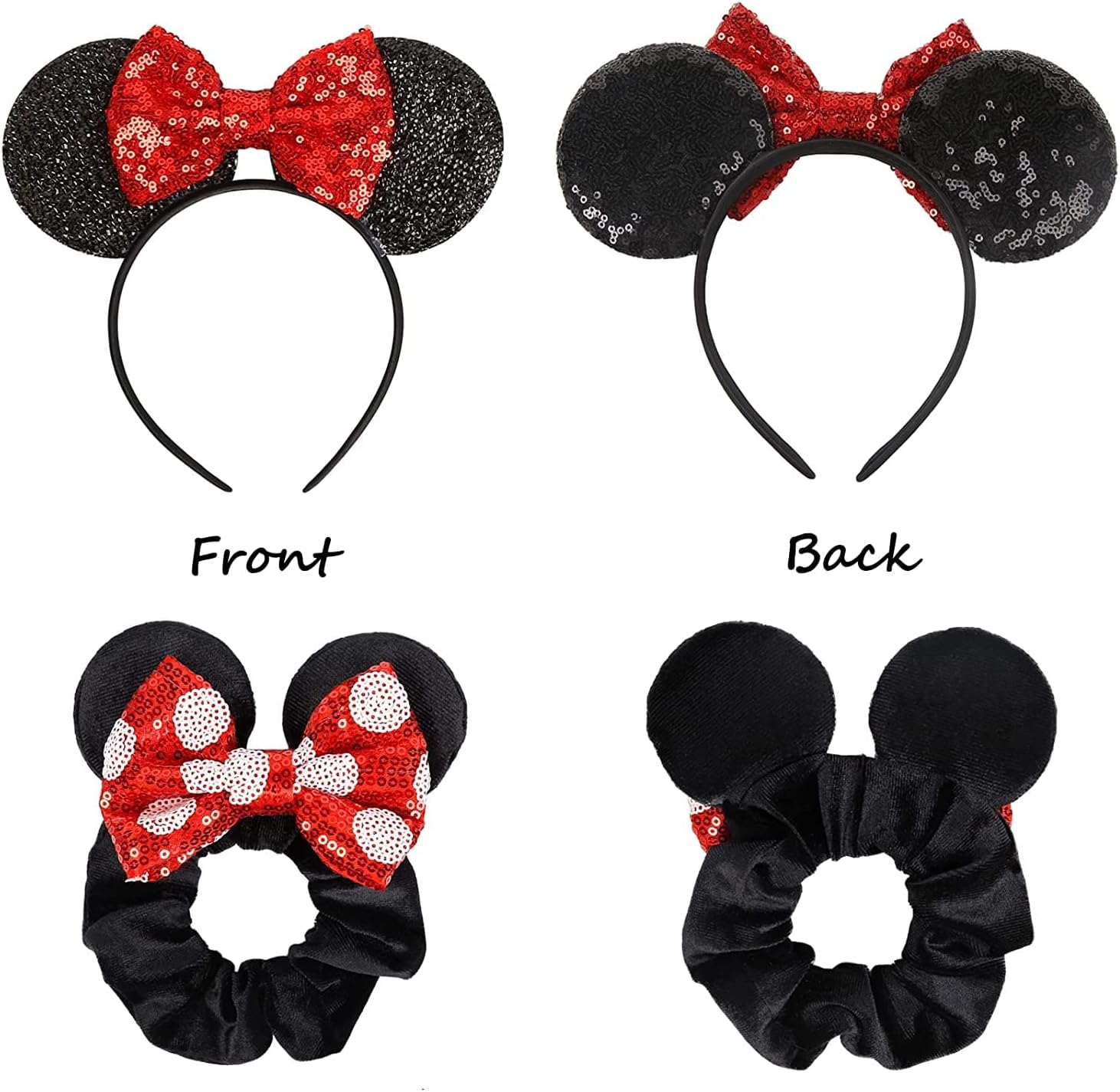 1 Pcs Shiny Mouse Ears Headband with Sequin Bows and 1 Pcs Sequin Mouse Ears Velvet Scrunchies with Bow Hairs Accessories Elastic Rubber Hair Band Cute Hair Ties Rope Ponytail Holder Sparkle Bow Girl Headwrap for Toddler Baby Boys Girls Women Adult Kids Birthday Party Celebrations Gift Amusement Park (Red)
