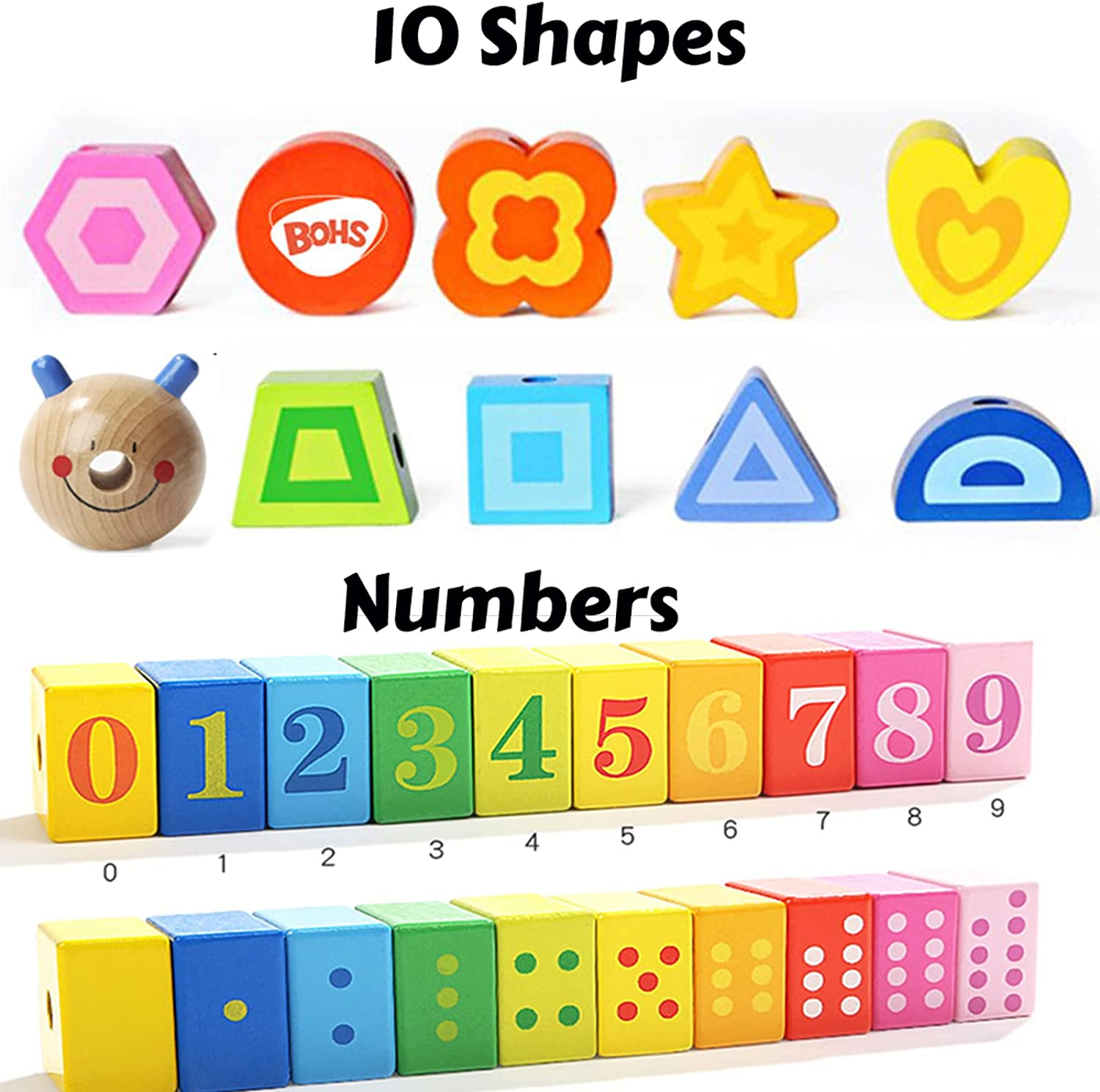BOHS Caterpillar Lacing Blocks - Threading & Stacking - Toddler Learn Counting, Numbers and Shapes- Baby Kids Fine Motor Skills Toys image number 4