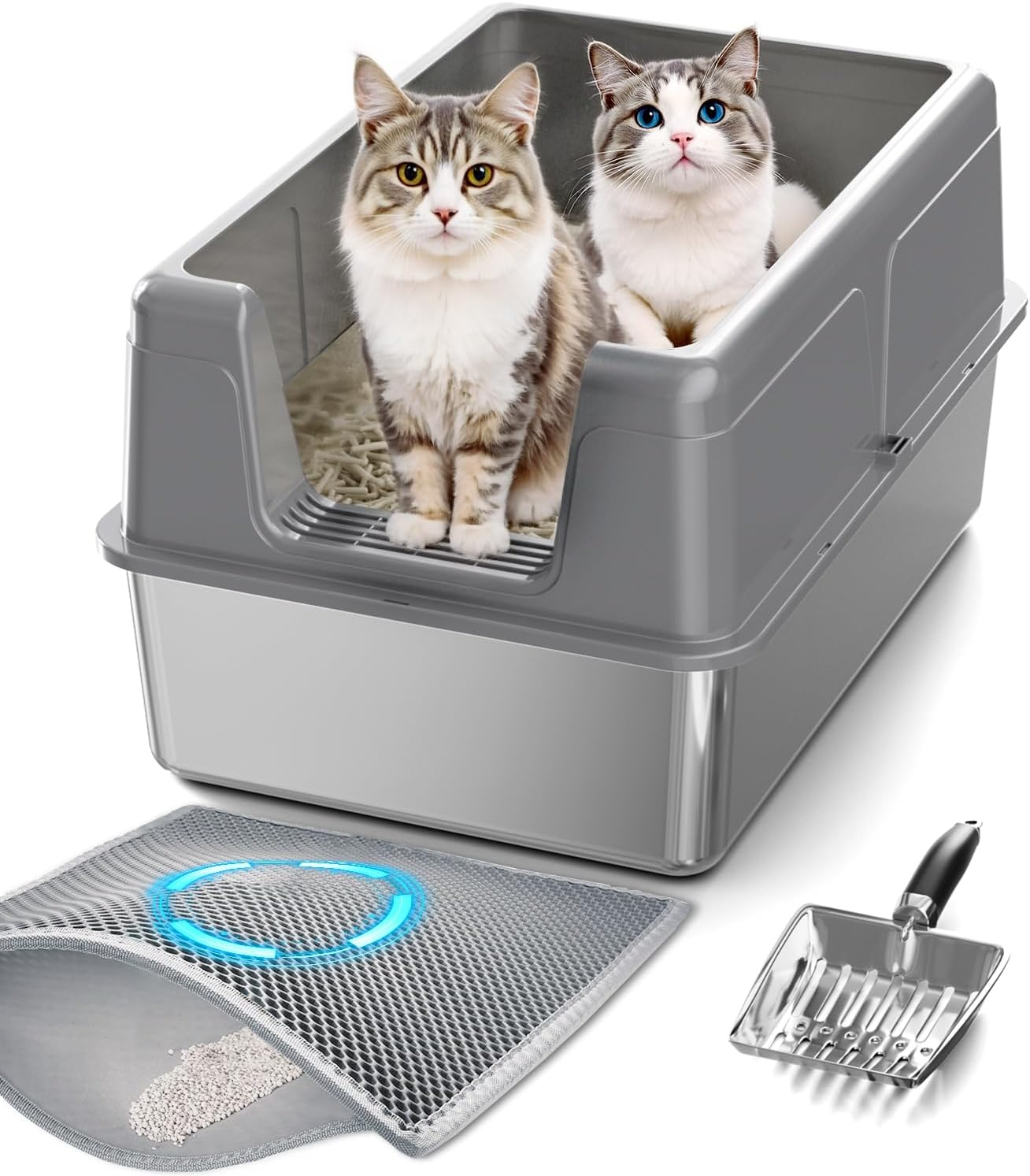 LOVELEDI Cat Litter Box - Stainless Steel Cat Litter Box, Extra Large Cat Little Tray with Lid for Big Cats, XXL Kitty Litter Pan Boxes with High Sides Enclosed, Non-Sticky, 61L X 40.6W X 30.5H CM image number 2