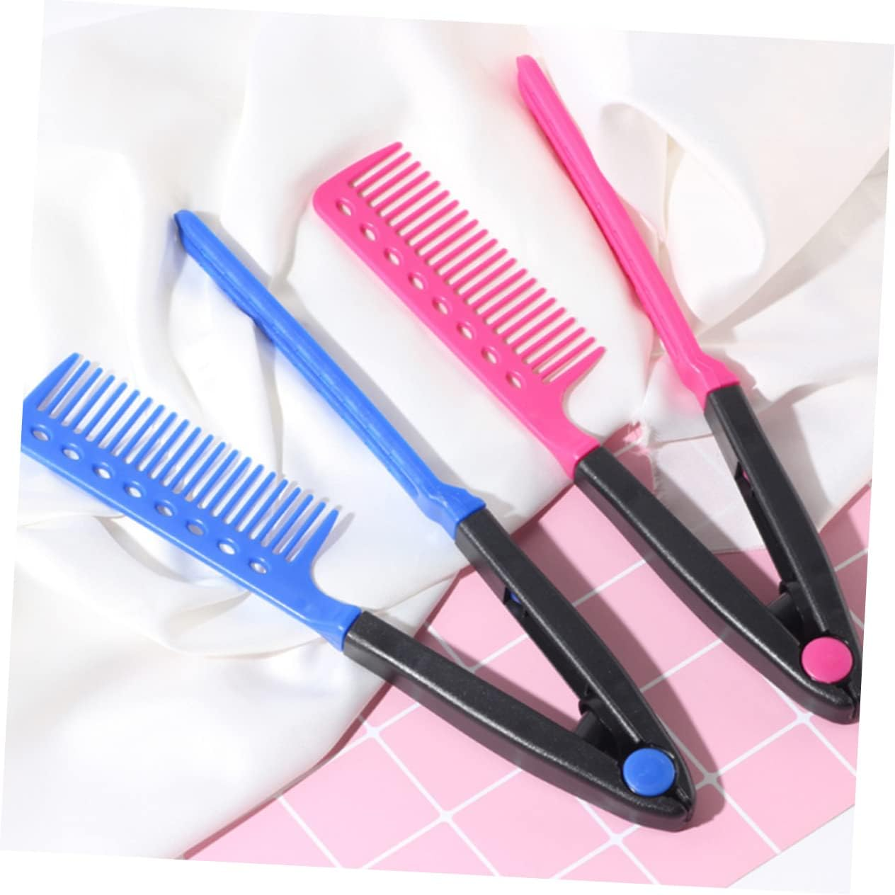 Salon Hair Straightening Comb 3Pcs Folding V-Shaped Hair Straightener Combs for Women Travel Set Rose Red Blue Pink image number 2