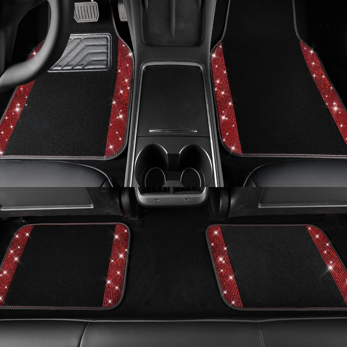 Flying Banner Bling Diamond Car Floor Mats, Shining Rhinestone Carpet Sparkly Glitter Crystal with Anti-Slip PVC Heel Pad Waterproof Universal Fit Automotive Suv,Sedan,Van,Cute Girl Women (Red) image number 3