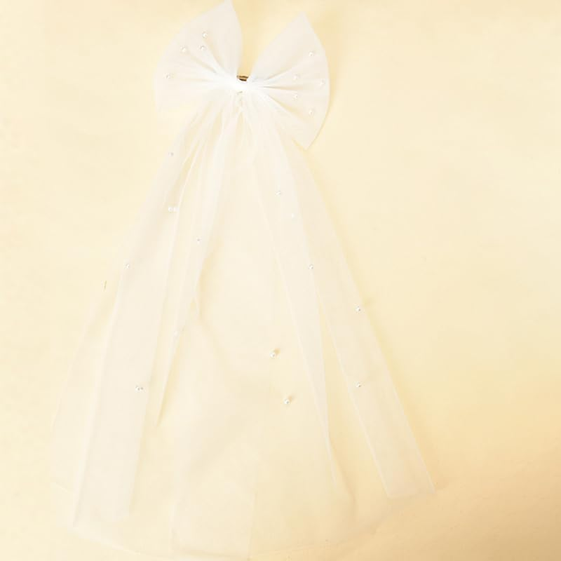 Hair Bow Veil Clip for Brides - White Bridal Veil with Pearls, Barrettes, Hair Clips - Wedding, Bridal Shower, Bachelorette Party Decorations - Bride Bridesmaid Hair Accessories image number 3