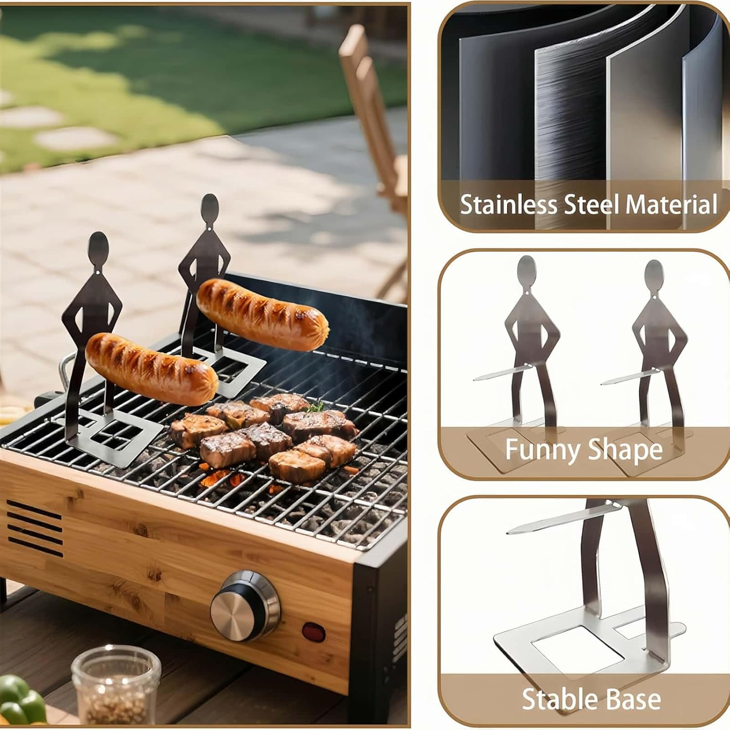 HOLDAWN 2 Pack Stainless Steel Snag BBQ Stand, Funny Men Shape Sausage Grill for Camping, Beach & Backyard image number 1