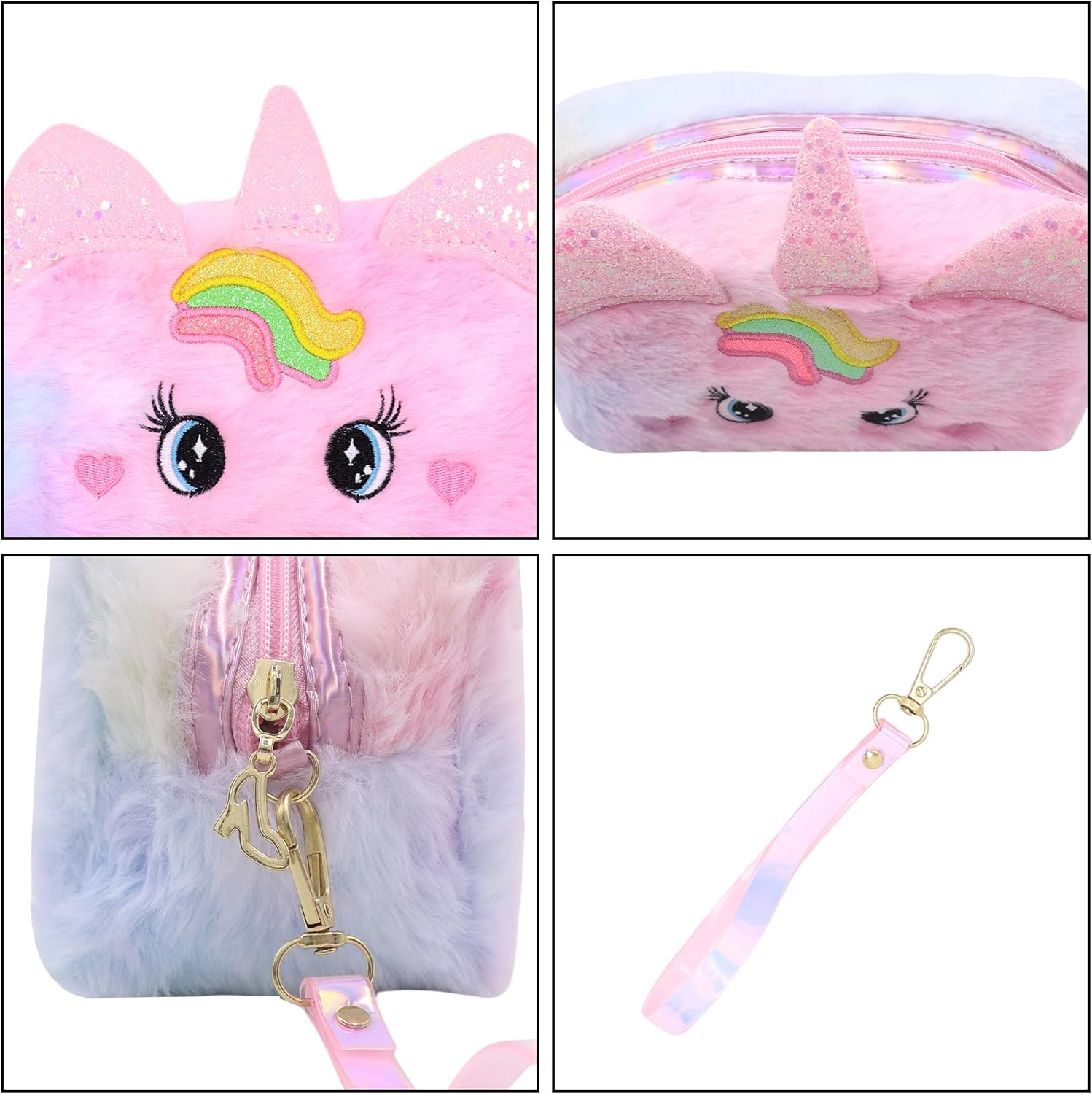 DDPOND Cute Cartoon Unicorn Makeup Bag Big Eyes Plush Travel Cosmetic Organizer Bag Fluffy Hanging Toiletry Bag for Women Girls - Purple image number 3