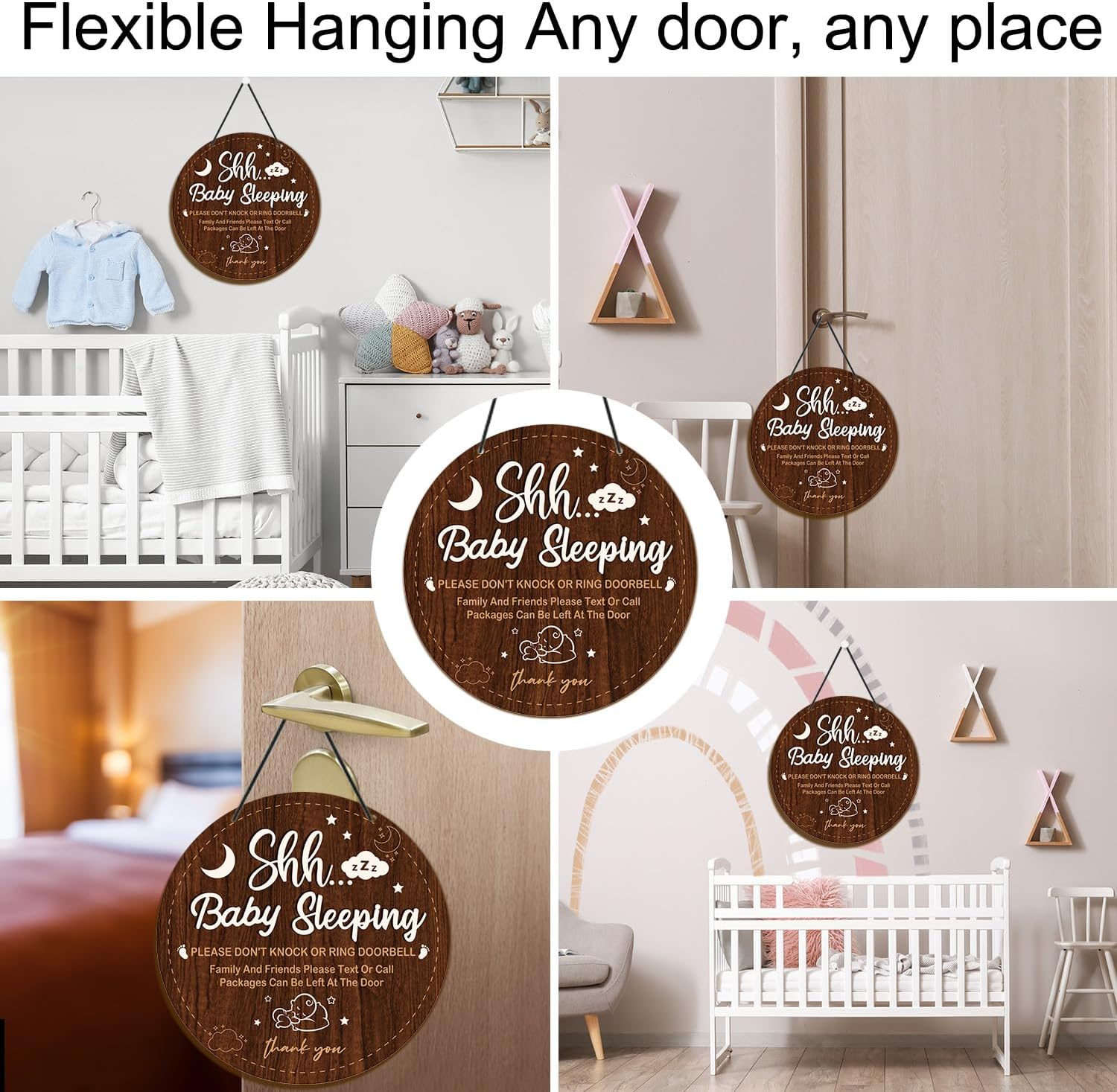 Baby Sleeping Sign for Front Door - Shejdgart Please Do Not Knock or Ring Doorbell Sign Shhh Baby Sleeping Door Hanger Wooden No Soliciting Doors Signs for Nursery Home Bedroom School Decor image number 3