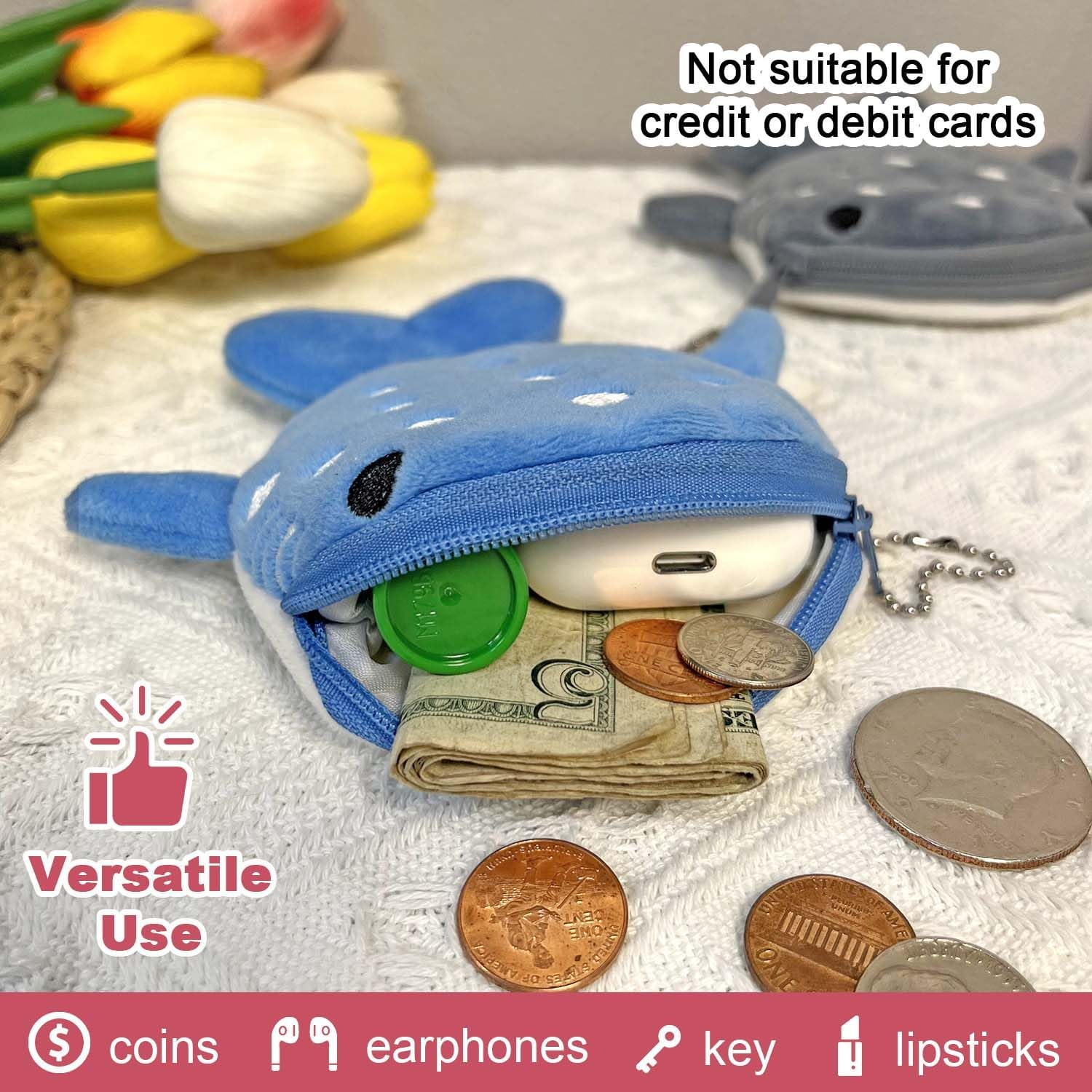 Krinisou Cute Whale Shark Coin Purse Pouch, Small Kawaii Funny Animal Plush Change Purse with Zipper for Kids Girls, 2 Whale Sharks, Cartoon image number 4