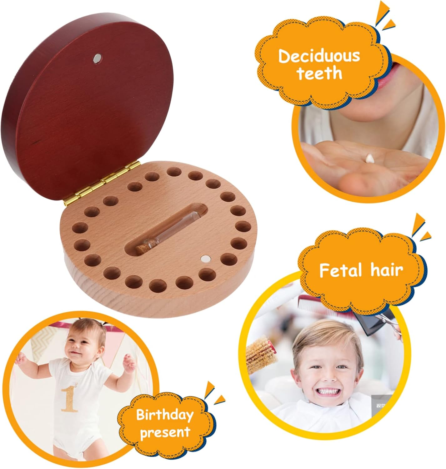 Sosoport Wooden Baby Tooth Keepsake Box First Tooth Storage Organizer Small Trinket Box for Infant Memory Preservation Newborn Hair Holder image number 3