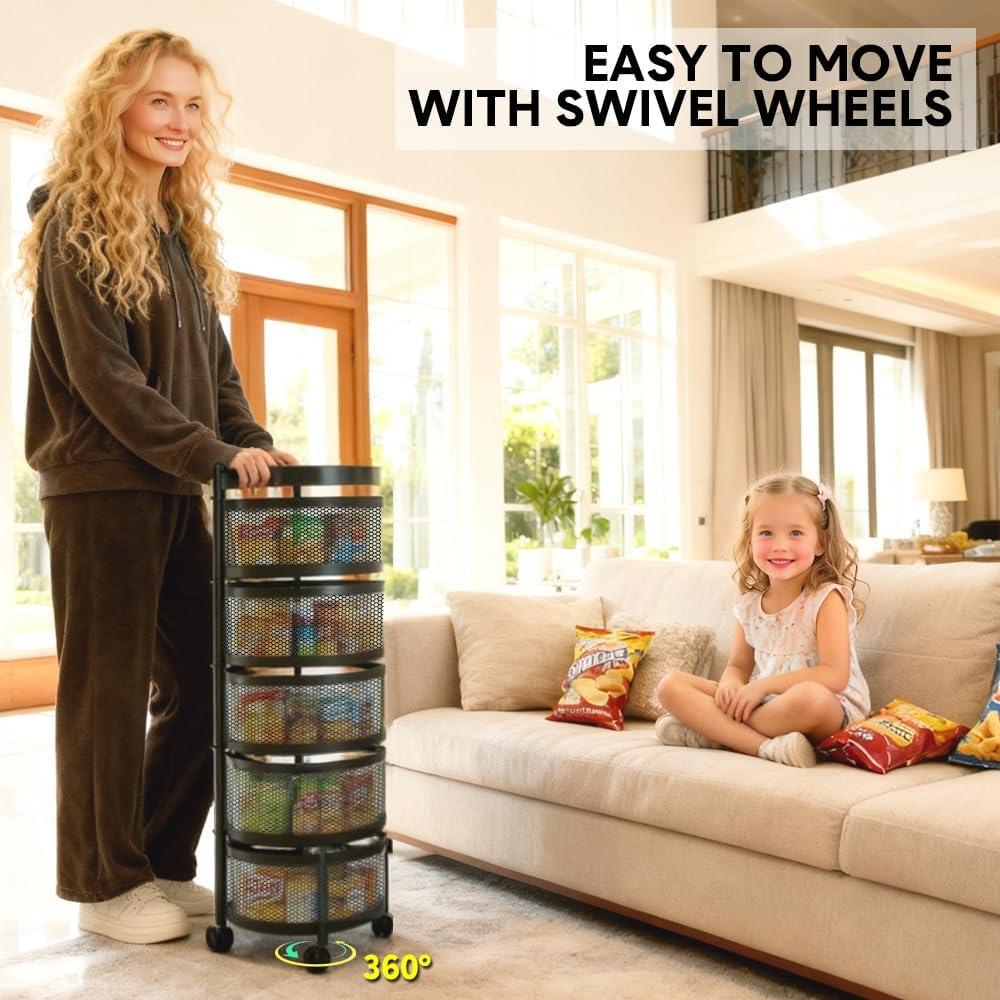 ALSTON 5 Layer Rotating Storage Trolley Kitchen Rolling Tiered Rack Stacking Organizer with 360 Swivel Lockable Wheels for Storing Fruit Vegetable Black image number 4