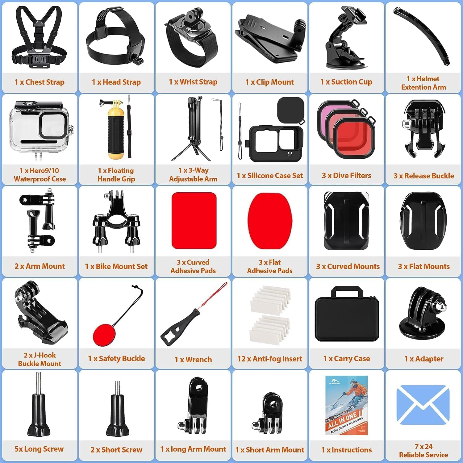 Zarmanuae Action Camera Accessories Kit for Gopro Hero 13 12 11 10 9, Waterproof Housing Case for Gopro Hero 9/10/11/12/13, 63 in 1 Full Essential Accessories Set for Gopro Hero 9-13 Accessories image number 6