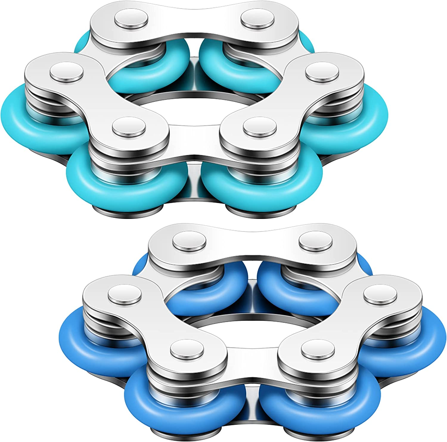 2 Pieces Fidget Toys Flippy Roller Chain, Six Roller Chain Fidget Toys Bike Chain Toys Novelty Stress Relief for Adults Teens Anxiety Autism, ADHD (Dark Blue, Sky Blue)