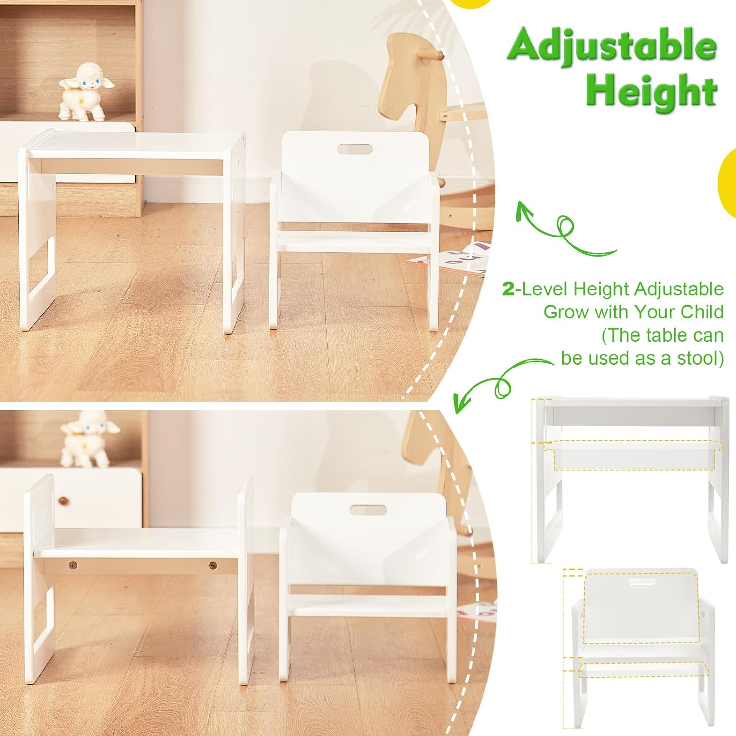FUNLIO Montessori Weaning Table and Chair Set for Toddlers Age 1-3, Height Adjustable Toddler Table and Chair Set, Kids Table Chair for Reading/Eating/Playing, Easy to Assemble, CPC Certified - White image number 1