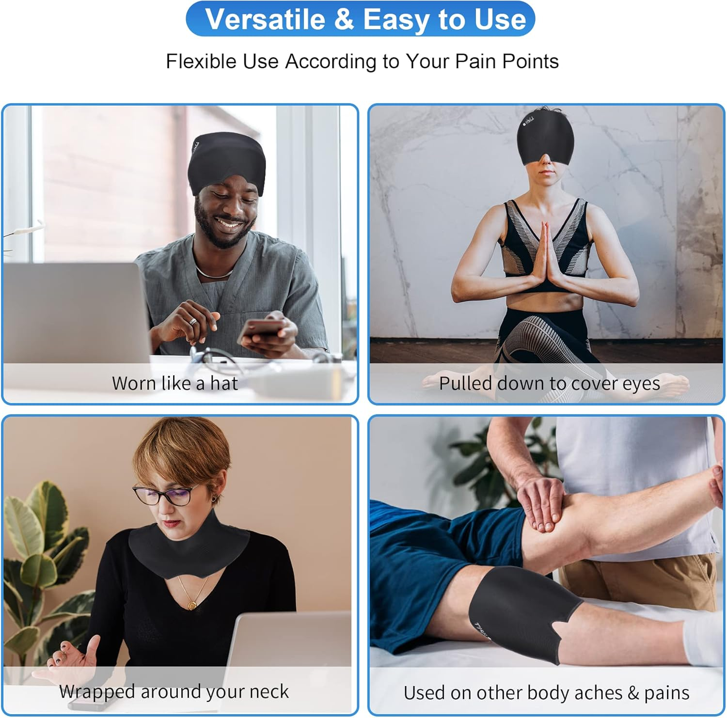 Gel Ice Headache Migraine Relief Hat Cap Hot and Cold Compress Therapy Stretchable Reusable Migraine Ice Head Wrap Hangover Hat Ice Pack Mask for Tension, Sinus, Sports Injuries, Fevers, TBI, Black image number 5