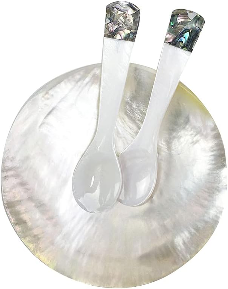 DUEBEL MOP Caviar Server Set, Plate plus Set of 2 Mother of Pearl Caviar Spoons with Green Abalone 3.5&rdquo; Decoration for Caviar, Appetizer, Dessert, Egg, Icecream