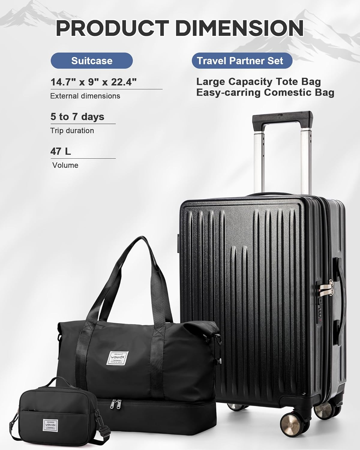 WEPOET Suitcase Luggage, Black(With Air Pump), 37.5Cm*23Cm*57Cm image number 3