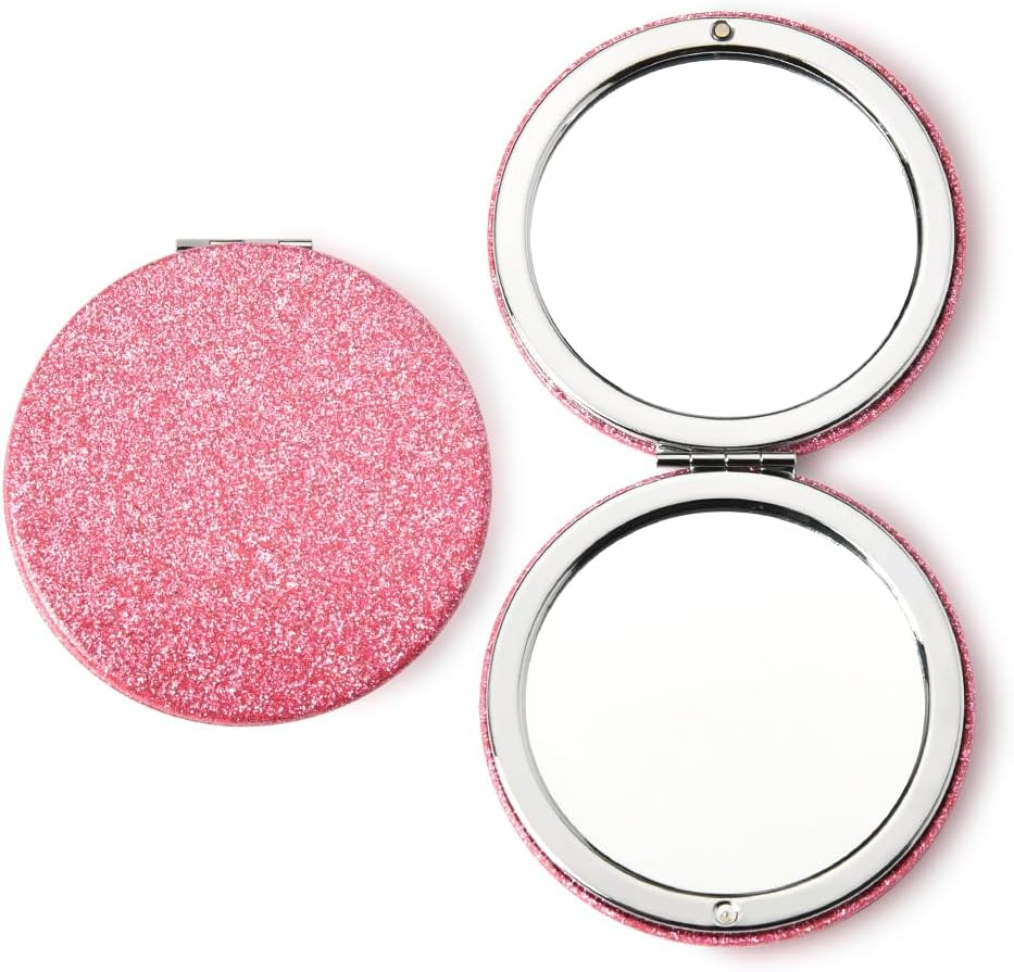 Pink Compact Mirror for Purse - 1X/2X Magnifying Mirror with PU Leather Case - Portable Hand Mirror