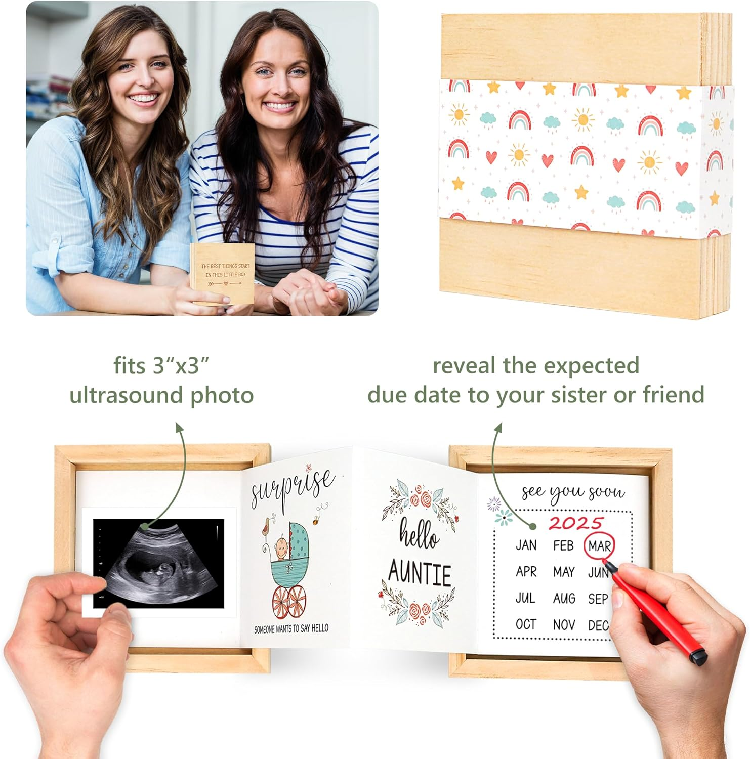 Pregnancy Announcement for Aunt, Auntie- Baby Announcement Gifts Ideas, Surprise Pregnancy Reveal Gifts to Sister, Best Friend- Baby Ultrasound Photo Keepsake Wooden Box image number 3