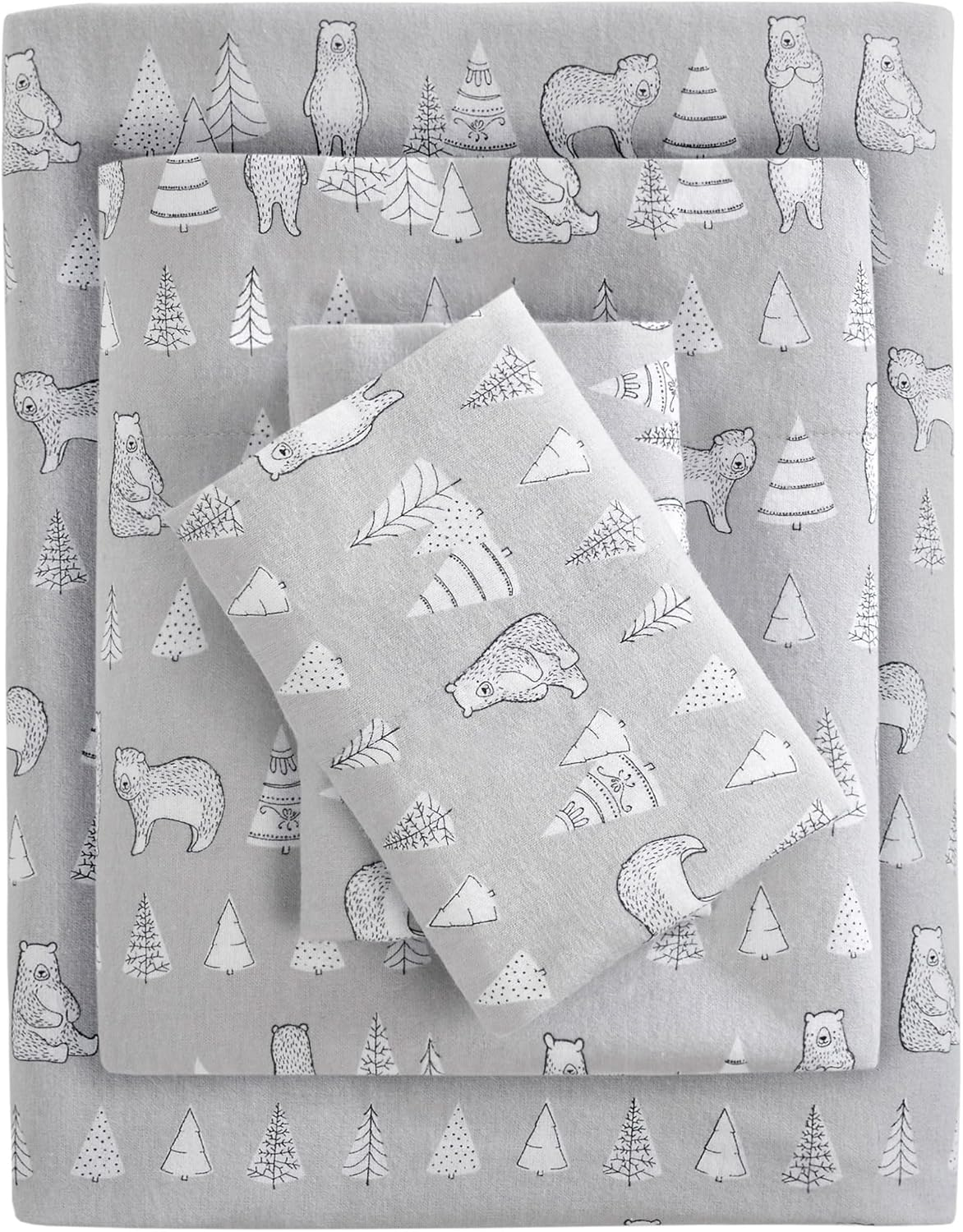 True North by Sleep Philosophy Cozy Flannel Warm 100% Cotton Sheet - Novelty Print Animals Stars Cute Ultra Soft Cold Weather Bedding Set, Queen, Bear 4 Piece