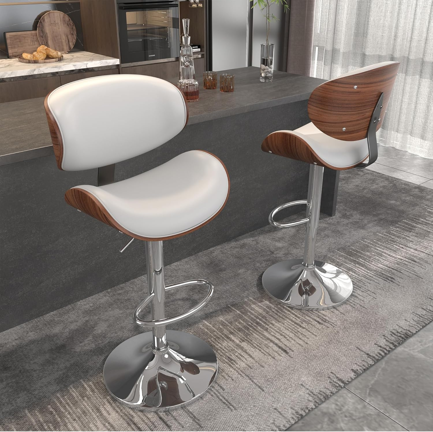 Bar Stools Set of 2, Bar Stools for Kitchen Island with Bentwood Back and Leather Seat, Swivel Barstools for Kitchen Counter, Bar, White
