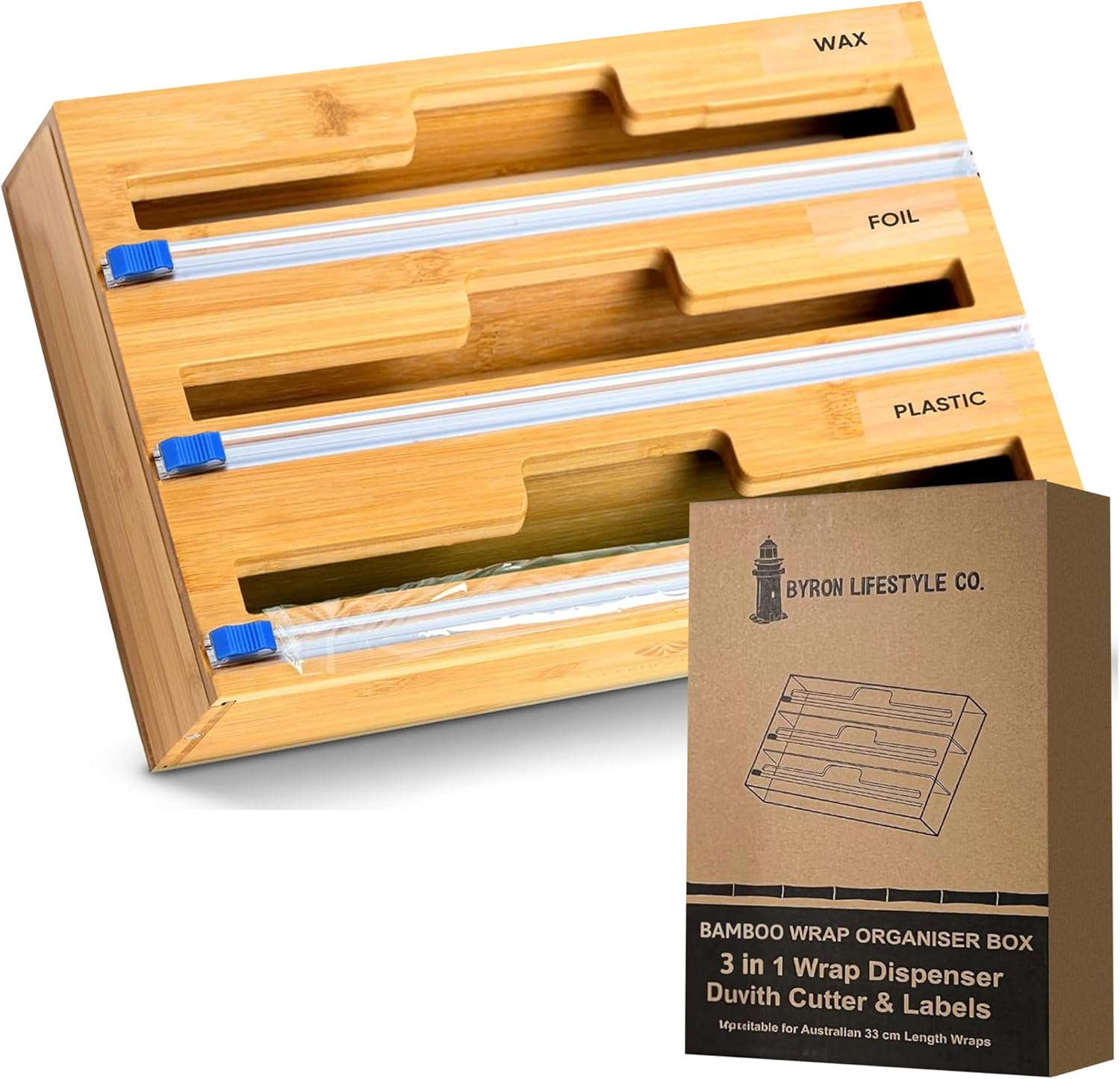 Foil and Cling Wrap Organiser - 3-In-1 Bamboo Wrap Dispenser with Built in Cutter - 33Cm, Fits Australian Cling Wrap, Aluminium Foil, and Baking Paper Rolls, Wall-Mountable or Fits in Draw. image number 5