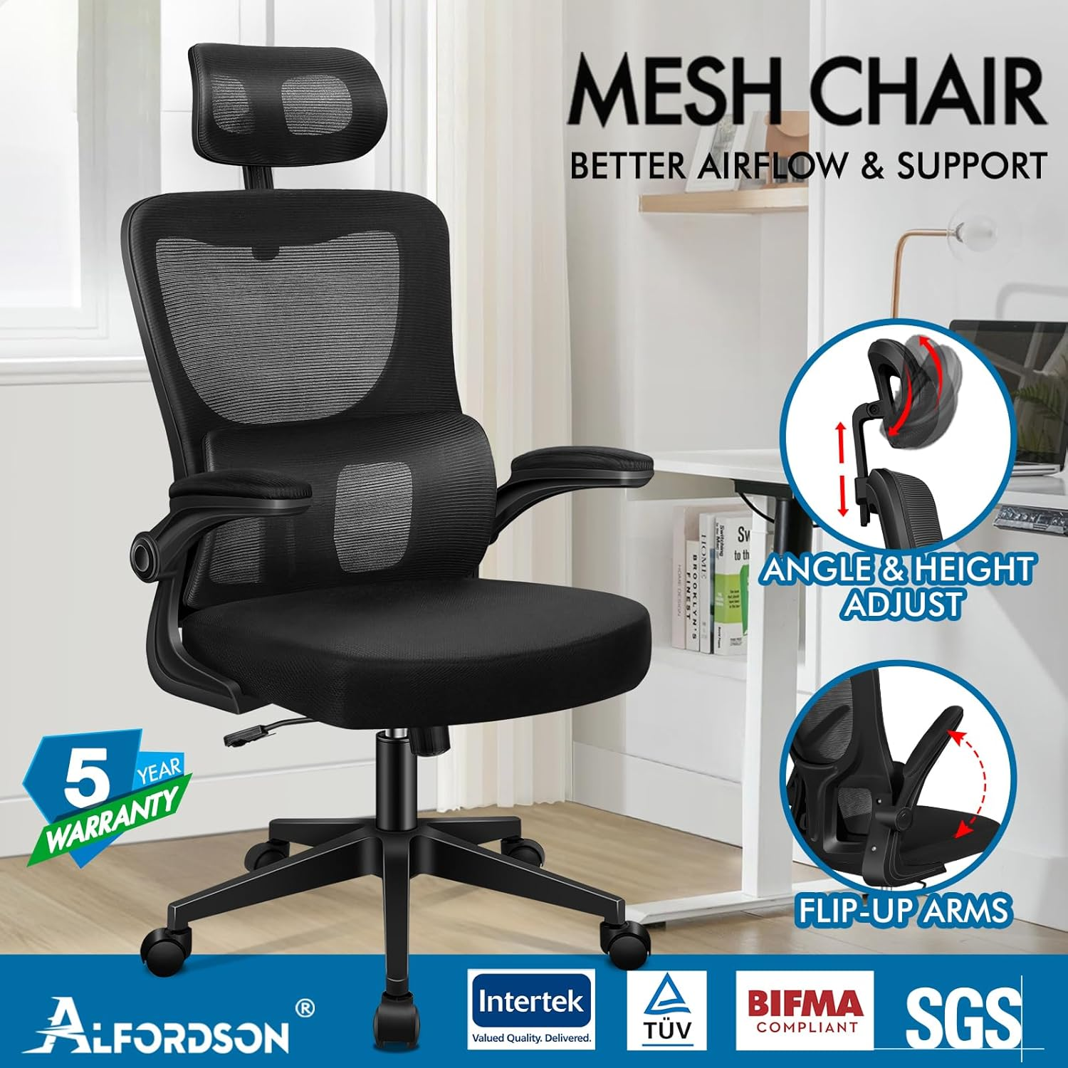 ALFORDSON Mesh Office Chair Ergonomic Mid-Back Nyles Series, Adjustable Flip-Up Arm & Headrest Gaming Racing Task Chair, Student Computer Study Desk Chair for Home Office, All Black image number 6