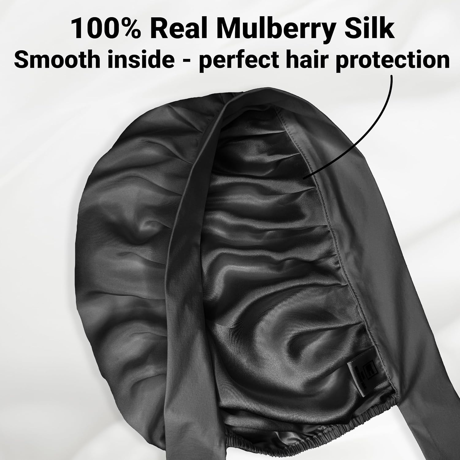 100% Mulberry Silk Bonnet for Sleeping Women &ndash; Made from Real, Pure Silk. Adjustable Hair Cap for All Hair Types and Sizes. Stays in Place Throughout the Night (Black) image number 1