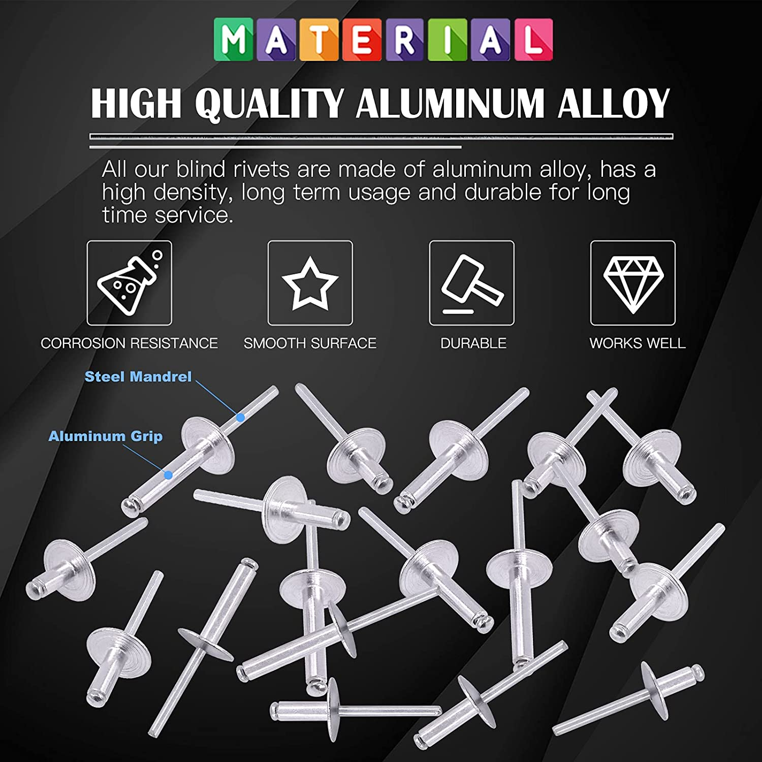 Glarks 240Pcs 3/16" X 3/8'' / 1/2'' / 5/8'' / 3/4'' / 1'' Large Flange Blind Rivets 5 Szie Aluminum Pop Rivets Assortment Set image number 6