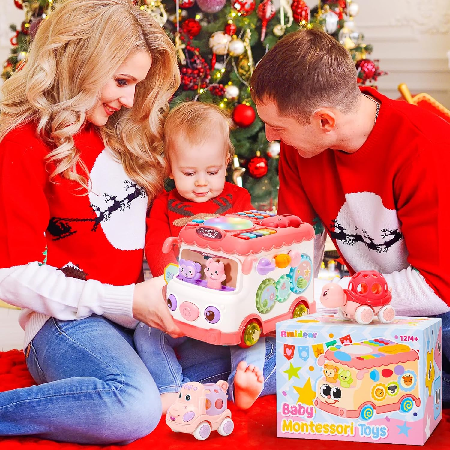 Amidear Baby 1-2 Year Old Girl, 10-In-1 Montessori Toys Bus for Baby 6-12-18 Months+, First Christmas and Birthday Gifts, Educational Musical Sensory Learning Toddler Toys Age 1-2, Pink