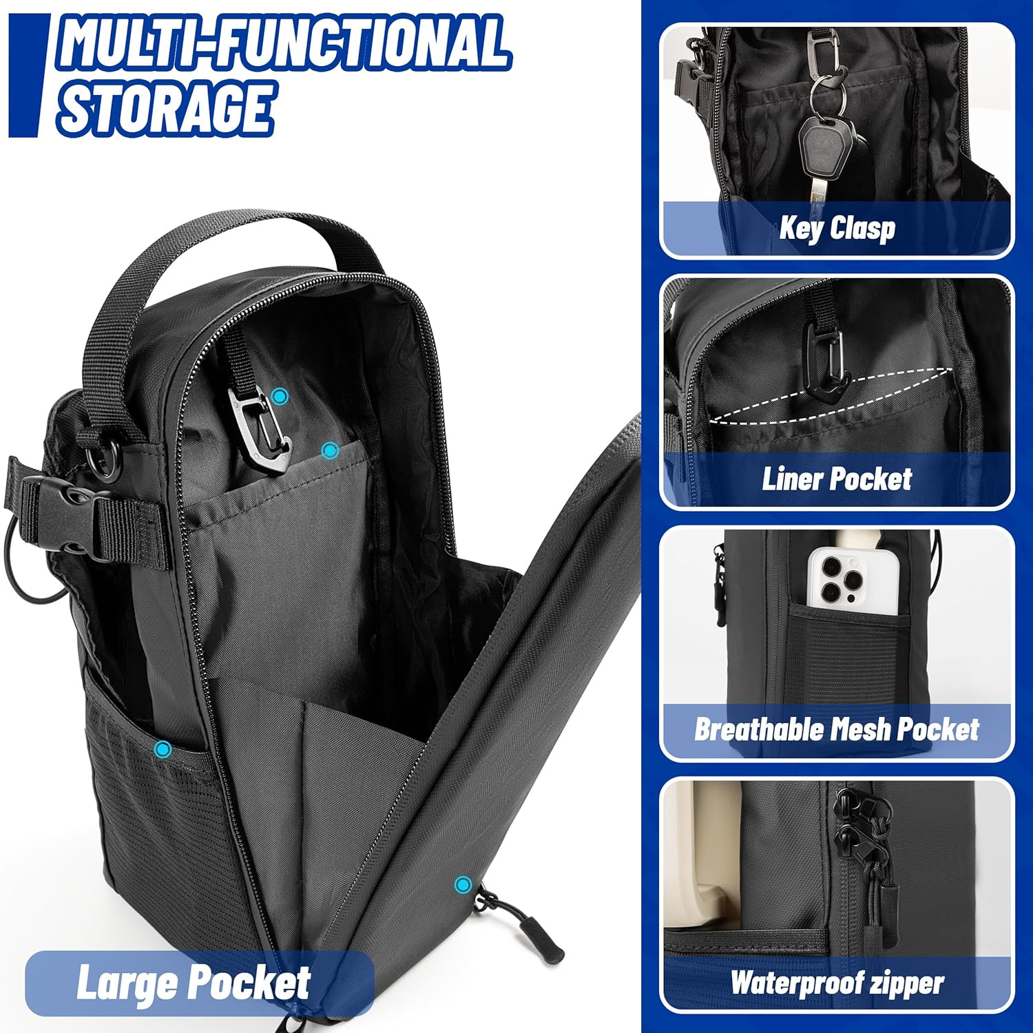 Hilhook Magnetic Gym Bag, 5 Built-In Strong Magnets Gym Water Bottle Carrier Bag with Pockets & Shoulder Strap Compatible with Owala Hydro Flask Stanley, Fits 14-40Oz Bottles image number 5