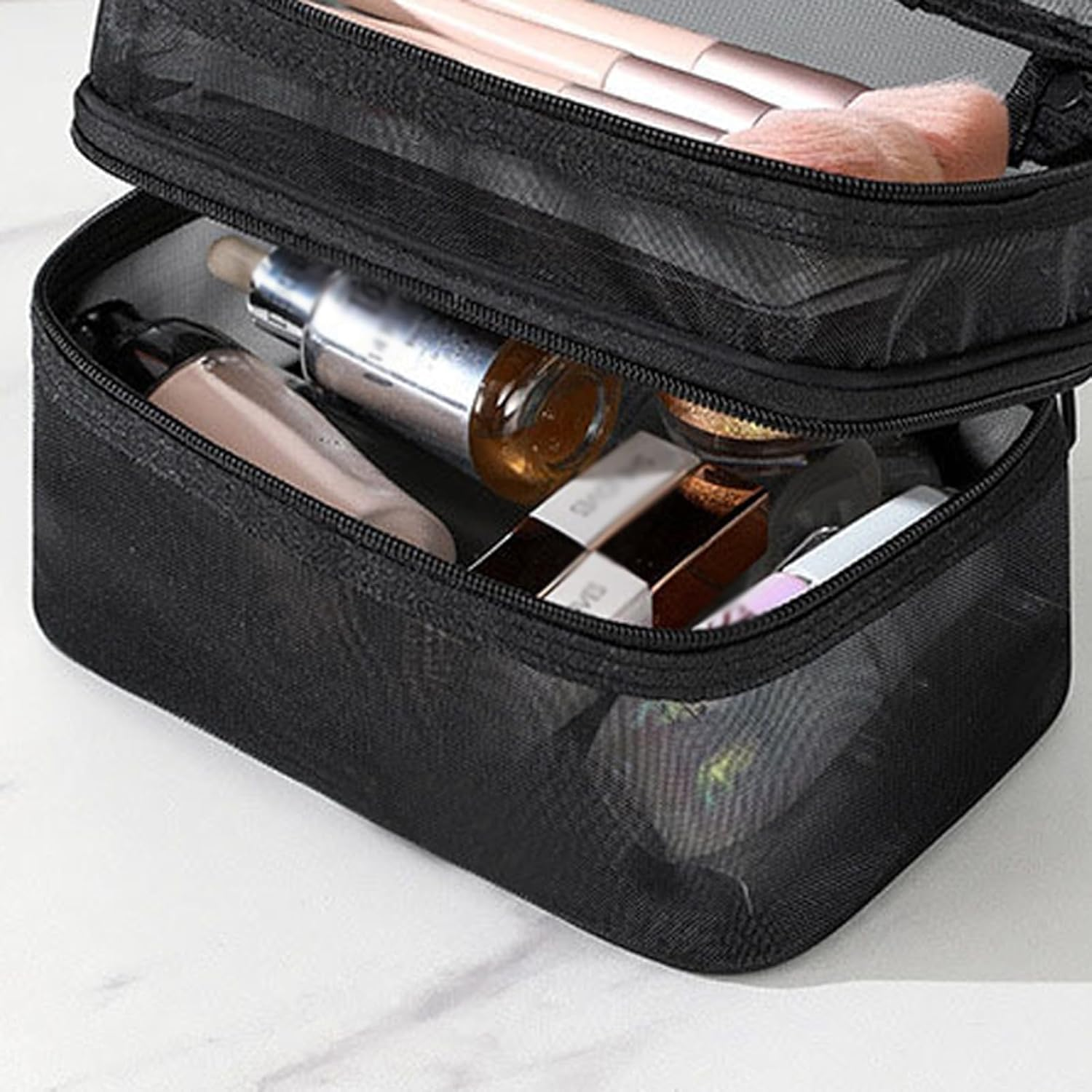 TRADERPLUS Triple Double Layer Travel Makeup Bag Mesh Bag for Women Cosmetic Cases Make up Organizer Toiletry Bags (Black) - Red image number 5