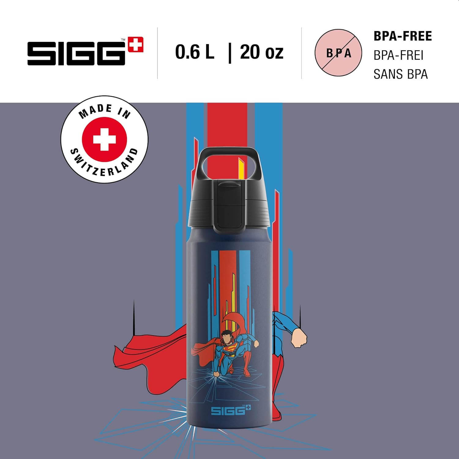 SIGG - Aluminium Water Bottle for Children - WMB ONE Superman Blue - Suitable for Carbonated Drinks - Leak-Proof - Feather-Light - Bpa-Free - Climate Neutral Certified - Sports & School - Blue - 0.6 L - Superman Blue image number 2