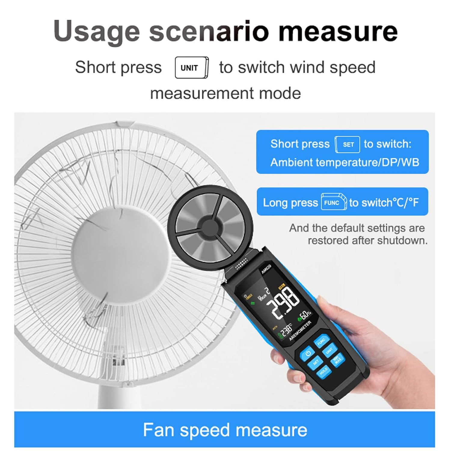 Digital Anemometer with Eight Blades and Sensor ABS Air Velocity Meter 180&deg; Rotating Fan with Backlit Screen for Wind Energy Meteorology