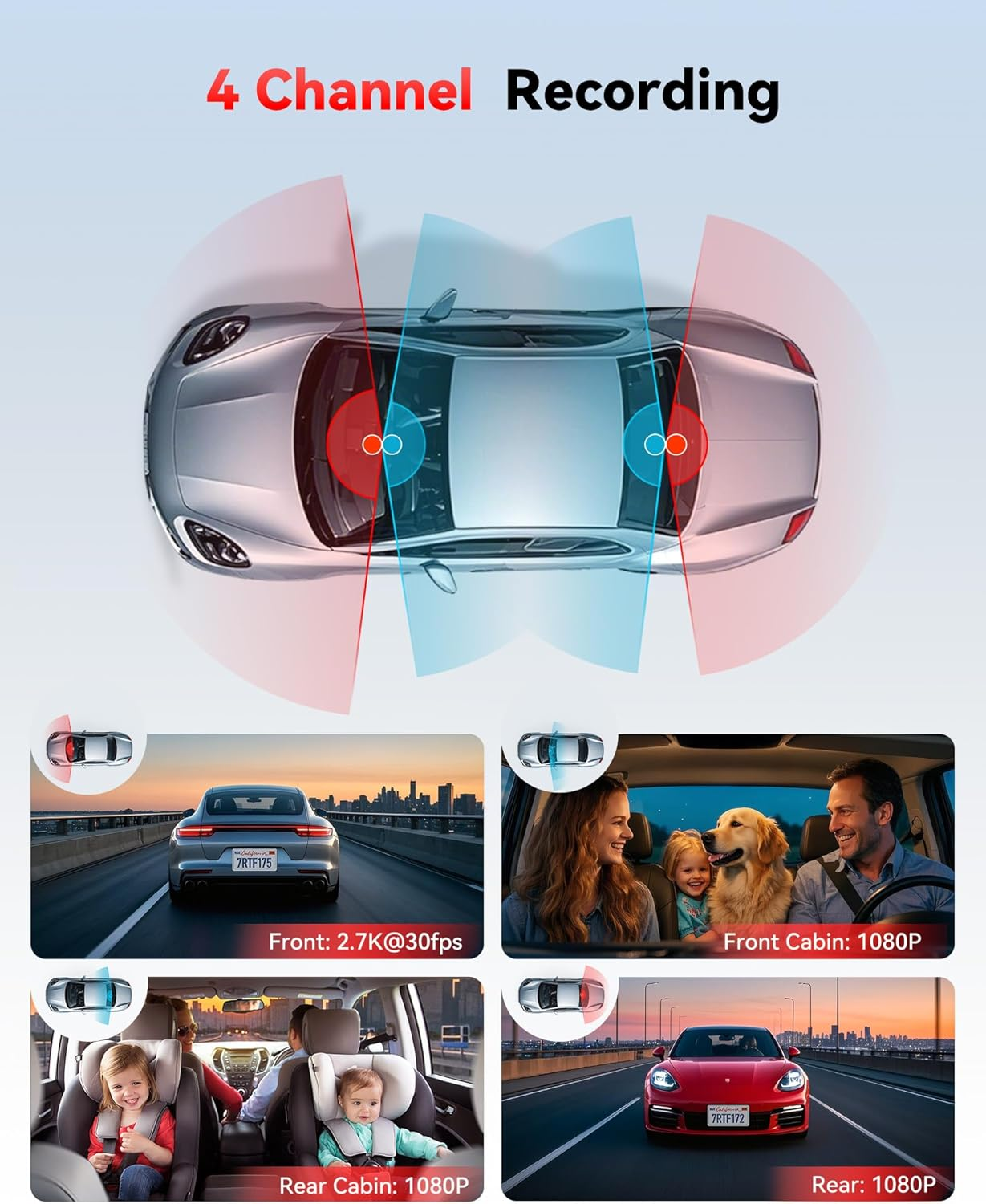 REDTIGER 4 Channel Dash Cam 2.7K+1080P*3, STARVIS 2,Included 128GB Card, 360&deg; Front inside and Rear Cabin Car Camera, IR Night Vision, 5Ghz Wifi 6, GPS, Smart Voice Control, Touch Screen(F17 Plus) image number 4