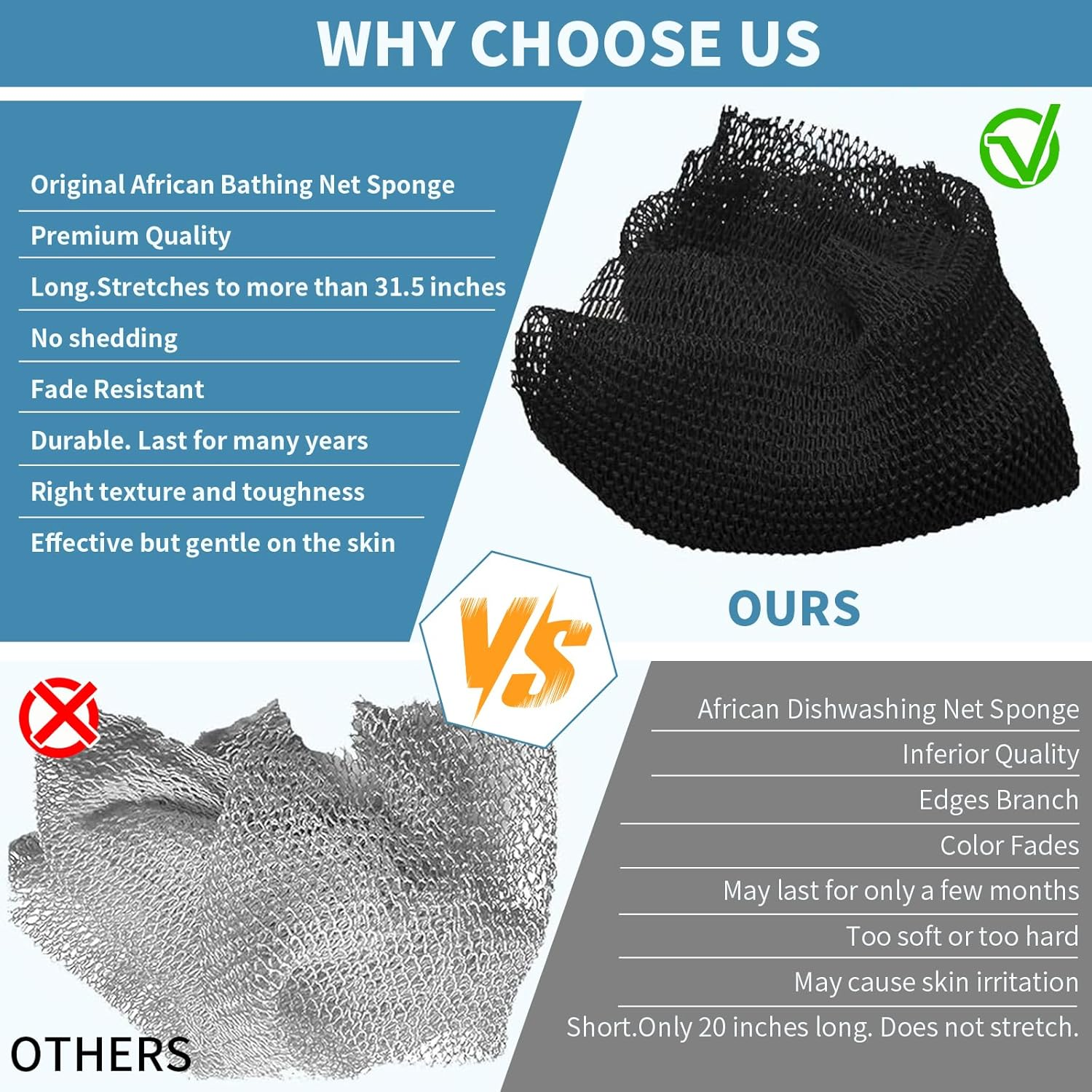 3 Pieces African Bath Sponge, Long Exfoliating Shower African Net, Body Back Scrubber Bath Scrubber Sponge for Skin Smoother, Exfoliating Bathing African Net Great for Men Women Daily Use (BK) - Be image number 2