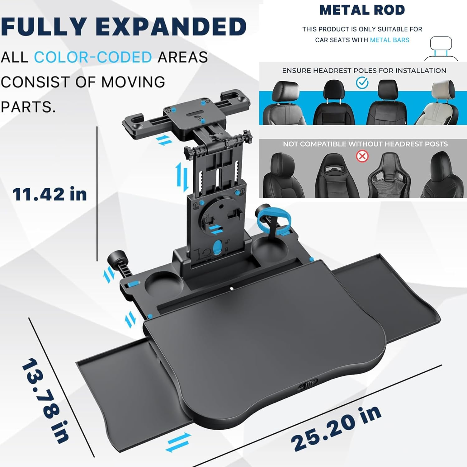 Car Backseat Table with Expandable Tray, Foldable Car Headrest Table for Kids Passenger Seat Back Travel Organizer Holder, Eating Working Laptop Desk with Phone & Cup Holder for Cars SUV Truck image number 6