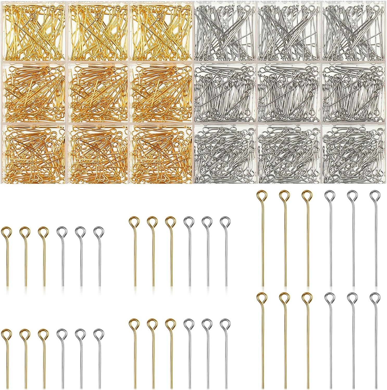 1400 Pieces Eye Pins Mix Jewelry Findings - 0.63, 0.79, 1.18 Inch Open Head Pins for DIY Necklace Making (Gold, Silver)