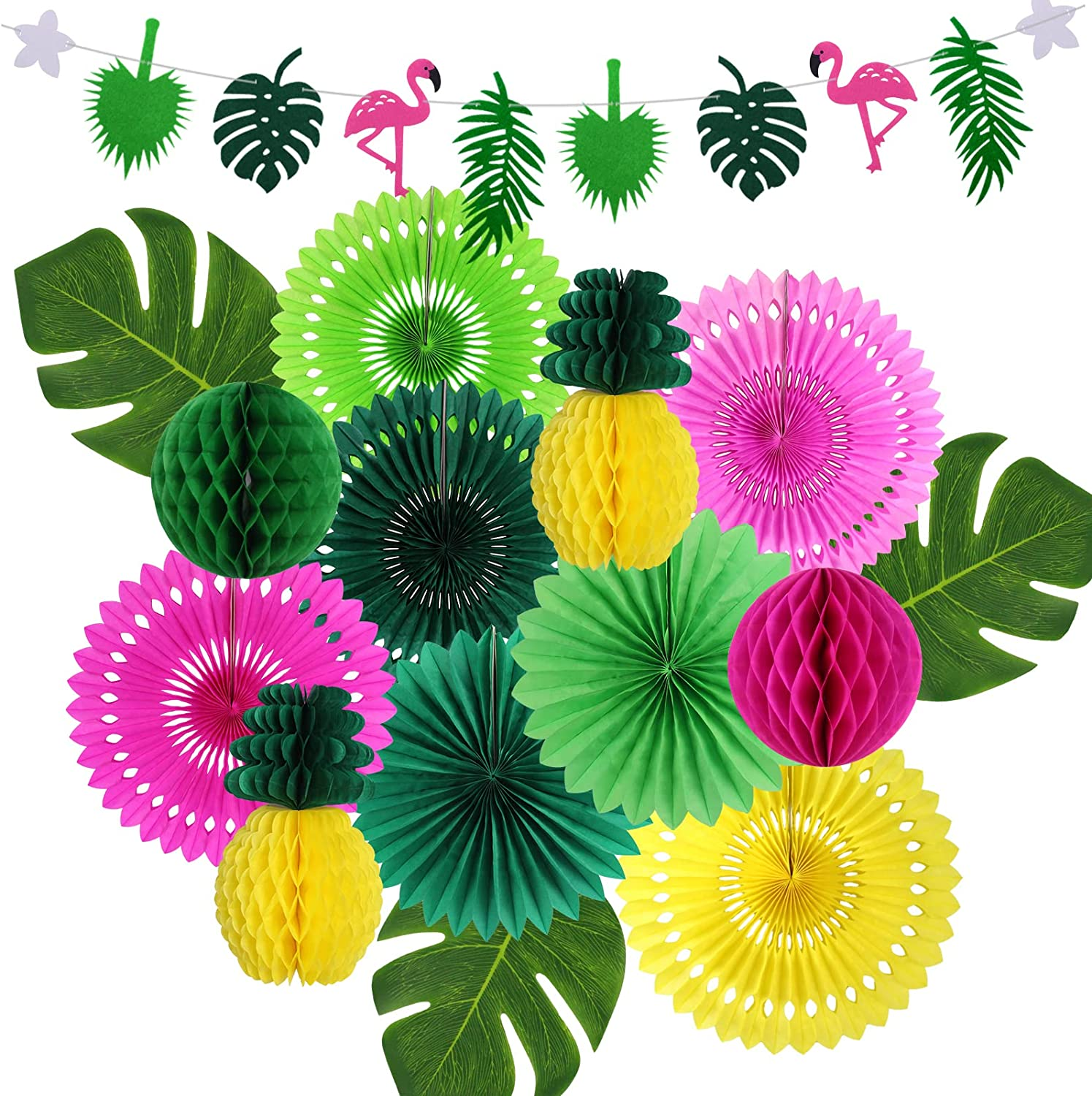 Zilue Flamingo Party Decorations Hawaiian Party Supplies Flamingo Honeycomb Ball Paper Lanterns Tissue Paper Fan for Luau Tropical Birthday Party Summer Decor