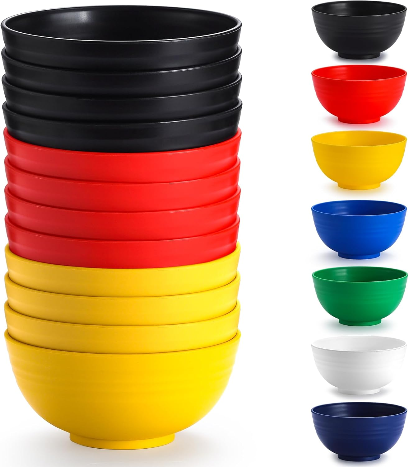 Berglander Plastic Bowls Set of 12 Pieces 25Oz, Mutil Color Reusable and Sturdy Ramen Bowl, Soup Bowls, Cereal Bowl for Adult, Kids, Home, Restaurant, Garden, Picnic, Camping, Poolside, Outdoor