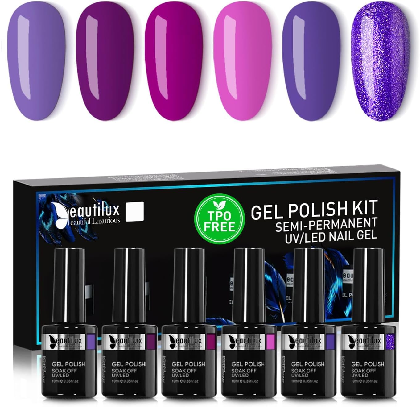 Beautilux UV Nail Polish Purple, 6 Colours, 10 Ml, Soak off Gel Nail Polish Set for Home Manicure, Nail Art, Manicure (Purple Series)