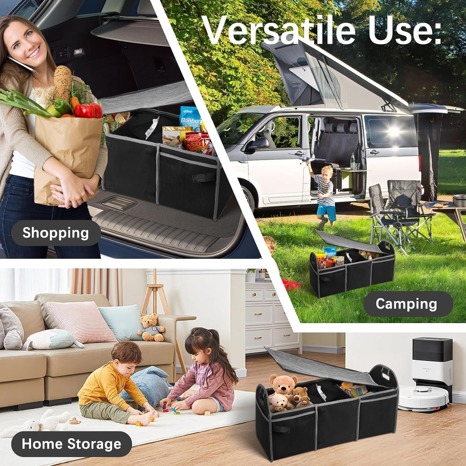 Car Boot Organiser with Lid, Collapsible Cargo Trunk Storage with Build-In Insulated Cooler Bag, 600D Oxford Polyester Suv/Sedan Organizer Car Accessories for Women Men (3 Compartments, Black) image number 2