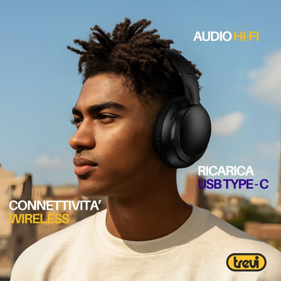 Trevi DJ 12E35 BT Wireless Over-Ear Headphones, Hifi Stereo Headphones with Microphone, 12 Hours Runtime, Controls on Ear Cup, Foldable and Lightweight, Compatible with Apple and Android for Travel image number 3