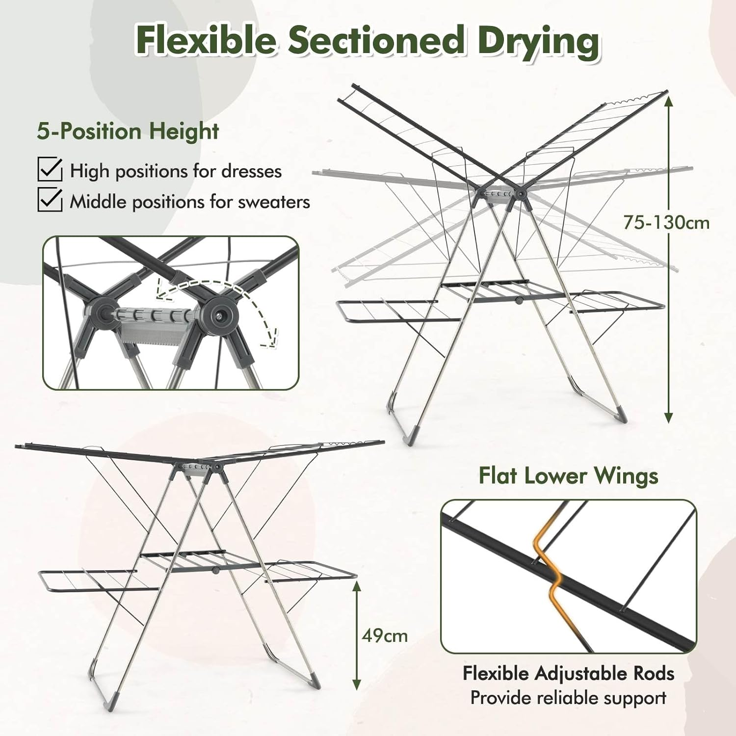Giantex 2-Tier Clothes Drying Rack, Foldable Clothing Laundry Rack with 33 Drying Rails, Height Adjustable Gullwings, Sock Clips, Wave-Shaped Bars & Stainless Steel Legs, Indoor Outdoor Use image number 4