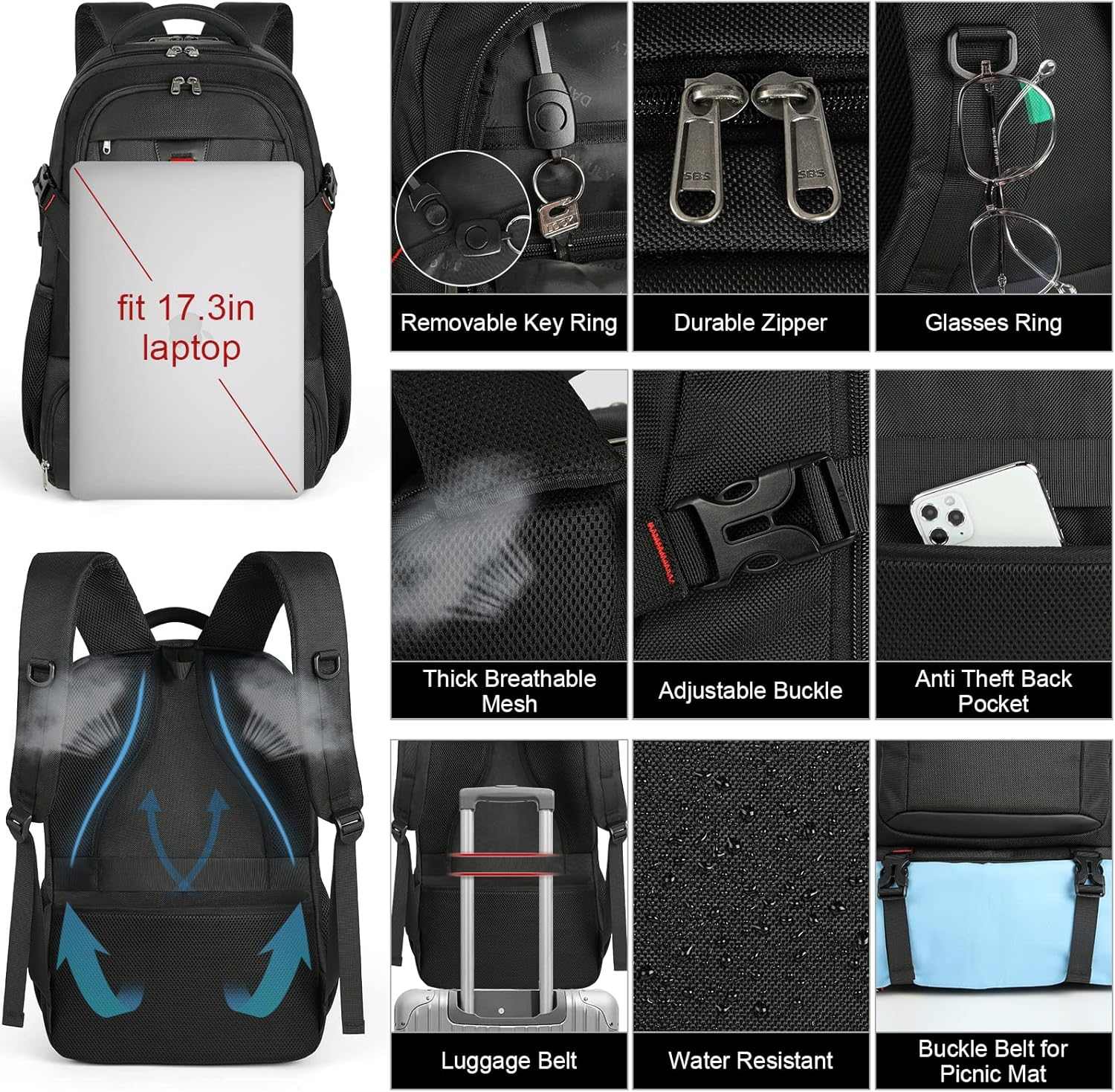 NEWHEY Lunch Backpack, 17.3 Inch Laptop Backpack with USB Charging Port 50L Waterproof Travel Backpack for Men Women - Blue image number 6