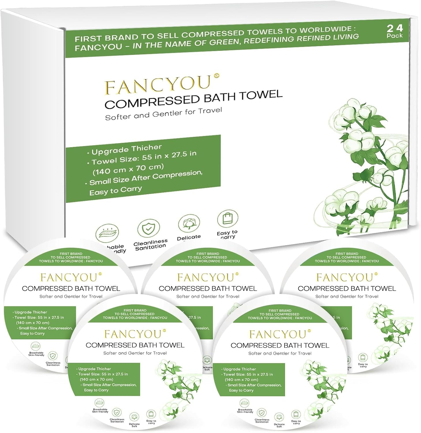 Compressed Towel Tablets Disposable Bath Towels for Travel, 140 X 70 Cm Large Face Cloth Compact Reusable Body Washcloths for Hotel Bathroom Camping Beach Swimming Vacation(24 Pack Green) image number 3